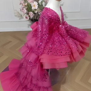Abito <span class=keywords><strong>da</strong></span> <span class=keywords><strong>Principessa</strong></span> per Bambine in Tulle Rosa con Paillettes, Gonna con Strascico e Fiocco Decorativo per Feste ed Eventi Formali - Product Image 4