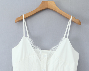 Abito Lungo in <span class=keywords><strong>Cotone</strong></span> Casual alla Moda con Spalline Sottili, Tinta Unita, Bottoni Frontali e Pizzo, Disponibile in 2 Colori per Donna - Product Image 4