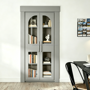 Porte dissimulée grise en bois massif <span class=keywords><strong>avec</strong></span> vitrine de présentation de livres invisible intégrée et porte en verre, modèle premium autoportant - Product Image 1