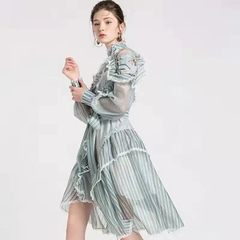 Spring Women's Dresses O Neck Long Sleeves Lace Trim Ruffles Striped Asymmetric Fashion Designer Dresses