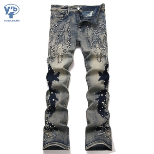 YUANBOFEI <span class=keywords><strong>Jeans</strong></span> da <span class=keywords><strong>Uomo</strong></span> di Alta Qualità, Slim Fit, a Zampa, in Denim Strappato con Borchie e Ricami, Design Vintage a Vita Media, Casual - Product Image 1