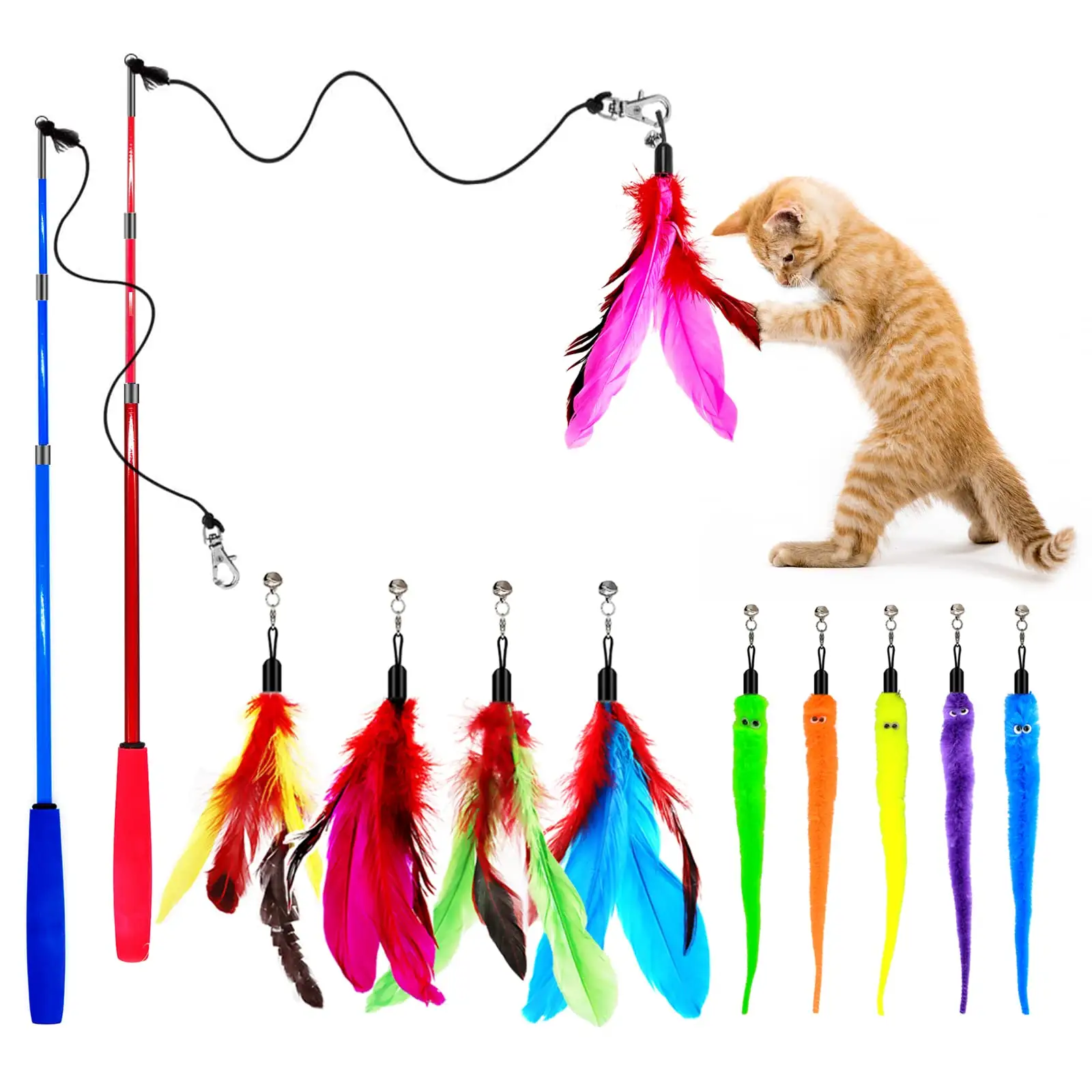 Petdom-varita de plumas interactiva retráctil para gatos, recargas de Teaser con campana, caña de pescar para gatos y gatitos