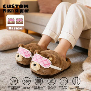 Pantoufles en peluche ours brun mignon de dessin animé avec masque pour <span class=keywords><strong>les</strong></span> yeux rose amovible, en coton doux et mousse à mémoire de forme, pantoufles d'intérieur - Product Image 1