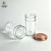 Pot en verre cylindrique gaufré, étroit et haut, 200 ml, idéal pour le miel, les épices et les petits portions de produits alimentaires faits maison