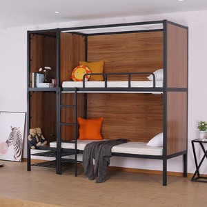 เตียงสองชั้นยูมิน โครงเหล็ก พร้อมแผงไม้ สำหรับหอพัก มีพื้นที่เก็บของ - Product Image 1