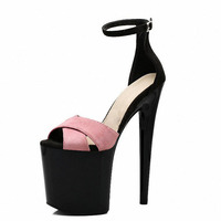 Sandales à talons pour femme 2025, à bout ouvert, talon carré 17CM, chaussures de strip-teaseuse, plateforme 20CM, sandales de pole dance, talons hauts pour femme