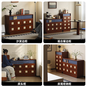 ตู้ลิ้นชักไม้เนื้อแข็งสไตล์วินเทจ บาวเฮาส์ สีสันตัดกันแบบเรโทร ตู้ข้างเตียงสำหรับห้องนั่งเล่นและห้องนอน - Product Image 4