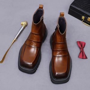Bottes pour hommes en cuir véritable, style britannique, avec fermeture éclair latérale, chaudes, à bout carré, pour affaires, rehaussantes - Product Image 4