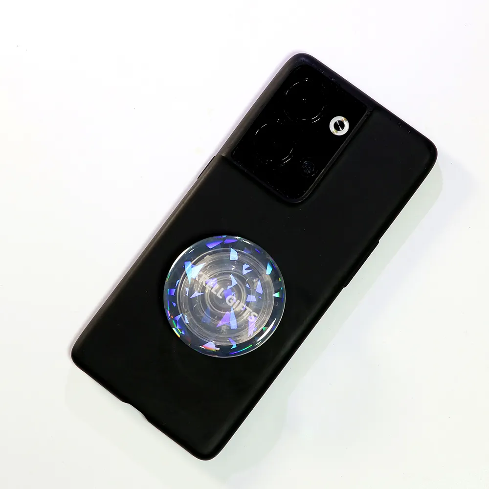 Custom Holographic epoxy resin LOGO design phone holder Blank transparent holographic laser flash charm LOGO acrylic phone grip