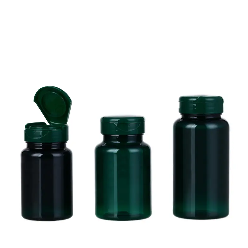 زجاجات بلاستيكية فاخرة من بولي إيثيلين تريفثاليت للتعبئة الطبية مع غطاء قلاب وإغلاق ملولب لتعبئة حبوب 100 مل 120 مل