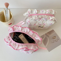 Sac de rangement Kawaii pour fille, grande capacité, avec ruban et dentelle, sac de toilette mignon et moelleux pour femmes, pour le maquillage