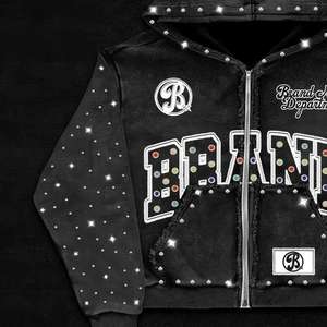 Sweat à capuche pour homme en coton pur haut de gamme, style streetwear rétro, avec broderie appliquée et strass thermocollants, motif personnalisé avec fermeture éclair. - Product Image 3