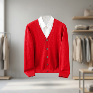 <b>Men's</b> Red V-neck <b>Wool</b> <b>Cardigan</b> Full Sleeve Button Closure Solid Color Autumn Wear - Product Image 3