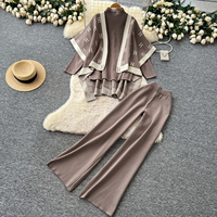 Ensemble 3 pièces pour femmes, châle contrasté, cardigan, haut en tricot à col haut et pantalon large, ensemble 3 pièces