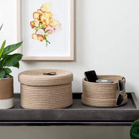 Panier de rangement de bureau tissé en coton de chanvre de coton de couleur unie avec couvercle en cuir pour télécommande de clé de café cosmétique