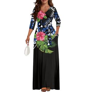 热门产品 波利尼西亚刷纹印花萨摩亚鸡蛋花女式长袖连衣裙 按需印花女式服装 连衣裙 派对服饰 - Product Image 5