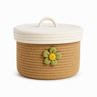 Panier de rangement rond en corde de coton tressé à la main, style pastoral, avec poignée et couvercle, capacité de 3 à 6 L, pour organiser les cosmétiques et les articles divers
