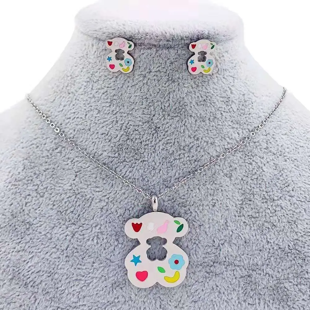 2021 Nieuwe Collectie Rvs Leuke Teddybeer Charme Ketting Oorbel Set 316L Ketting Sieraden Voor Vrouwen