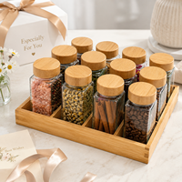 Ensemble de 12 pots à épices carrés en verre avec couvercles en bambou et support en bambou, 100 ml, organiseur de rangement pour assaisonnements de cuisine