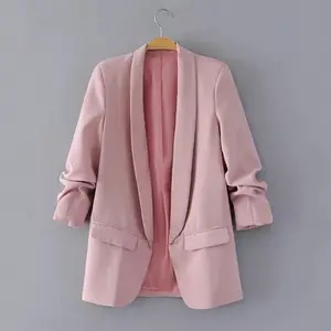 blazer pink wanita Suppliers-Blazer Kantor Wanita Minimalis, Baju Kantor Minimalis Lengan Tiga Perempat, Pakaian Kerja Wanita, Blazer Merah Muda Elegan Musim Panas
