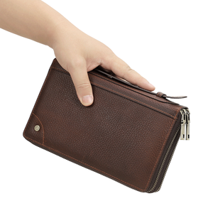 Portefeuille long vintage en cuir véritable pour homme avec fermeture éclair RFID, pour chéquier, cartes de crédit, affaires, grande capacité, polyester - Product Image 1