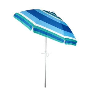 Logo personnalisé Parapluie de plage Protection UV Voyage coupe-vent Parapluie de plage à rayures bleues et blanches Parasol d'extérieur UPF50 + pare-soleil