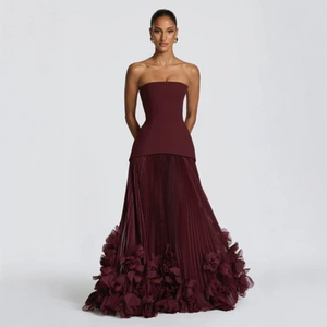 OUDINA - Vestido Largo <span class=keywords><strong>de</strong></span> Fiesta con Hombros Descubiertos, sin Tirantes, con Flores 3D, <span class=keywords><strong>de</strong></span> Malla, para Banquetes y Eventos Nocturnos - Product Image 1
