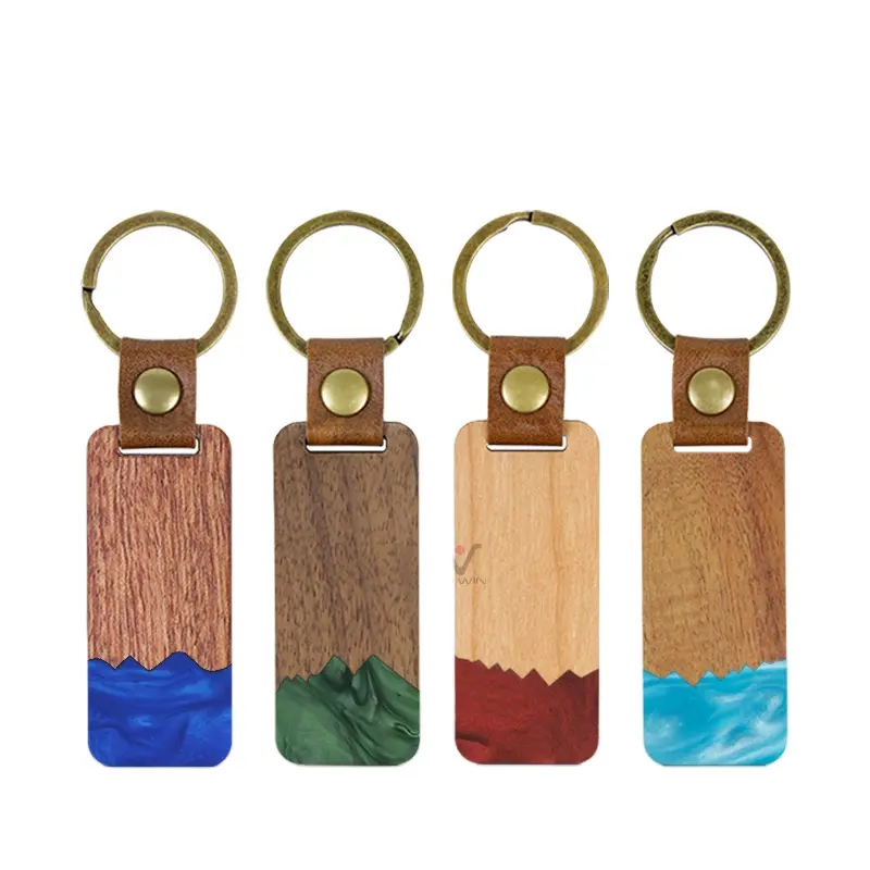 수제 녹색 파란색 키 체인 독특한 나무 디스크 수지 에폭시 열쇠 고리