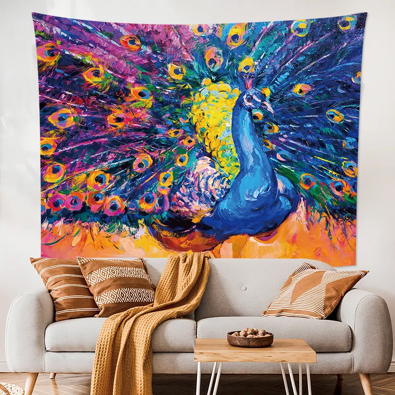 Blue Peacock Tapestry Beautiful Bird and Flower Wall Art Home Living Room Bedroom Backdrop Dormitory Cloth Background Pattern