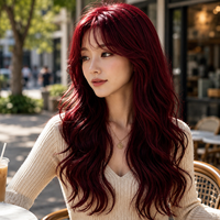 Perruque synthétique bordeaux longue ondulée effet mouillé avec frange pour femme, résistante à la chaleur, ligne de cheveux naturelle, sans colle, ajustable, OEM