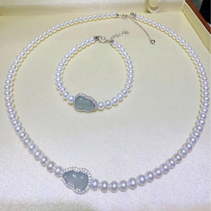 Ensemble collier et bracelet en argent pur Fulu avec pendentifs et breloques en jade d'eau bleue naturel, forme de gourde, 4,5-5 mm, presque rond, sans défaut, effet aurore - Product Image 2