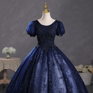 Navy Blue Ball Gown Dress With Puff Sleeves Floral Print Organza Empire Waistline Scoop Neckline Evening Gown For Performances - Product Image 3