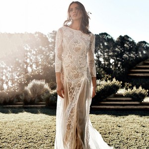 2026 Spring New European and American Women's Dress, Round Neck, Long Sleeve, Hollow Out, Backless Elegant Party Wedding Dress - Product Image 2