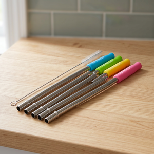 Reusable <b>Metal</b> Drinking <b>Straws</b> 4 Pack With Cleaning Brush Set Colorful Handles For Coffee Drinking - Product Image 4