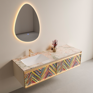 Mueble de Baño Moderno para Apartamento de Hotel, Combinación de <span class=keywords><strong>Lavabo</strong></span> y Mueble, <span class=keywords><strong>Lavabo</strong></span> de Cerámica sin Juntas, Personalizable, con Panel de Pared de Piedra <span class=keywords><strong>Rosa</strong></span> - Product Image 2