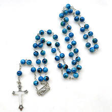 Rosario de Cristal Azul Católico con Cuentas de Cristal, Chapado en Rodio, Cruz de Jesús, María, para Mujer, Imitación - Product Image 4