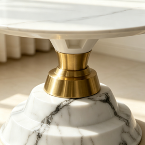 Table basse ronde blanche moderne avec plateau en pierre frittée à veines naturelles et base en pierre multicouche pour salon et hall d'entrée - Product Image 3
