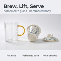 Tasse en verre texturé avec revêtement en céramique 400 ml, motif floral, tasse à thé avec couvercle, poignée dorée, ensemble de tasses à café et à eau