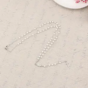 Stainless Steel Cross Virgin Mary Pendant Necklace 4mm Rosary Pearls Beads Necklaces For Christian Jewelry