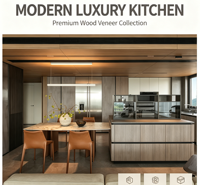 Meubles de cuisine de luxe modernes, îlot de cuisine sur mesure, finition placage bois, fermeture amortie, rangement haut, cuisine entièrement équipée