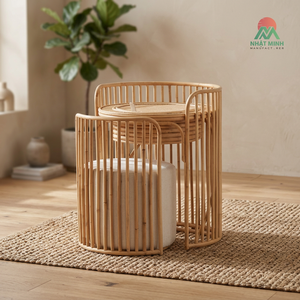 Rattan Kids <b>Dressing</b> <b>Table</b> Set <b>With</b> Mirror And Stool Scandinavian Style Eco-Friendly Furniture - Product Image 3
