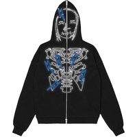 Sudadera con capucha y cremallera completa para hombre, oversize, negra, con bordado 3D, lavado ácido, pedrería y detalles de tela, estilo streetwear gótico Y2K, de invierno, con bolsillo y diseño de araña