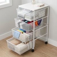 Chariot de rangement multifonctionnel à 4 niveaux avec paniers en treillis métallique, roulettes pivotantes et plateau en bois pour la maison et le bureau