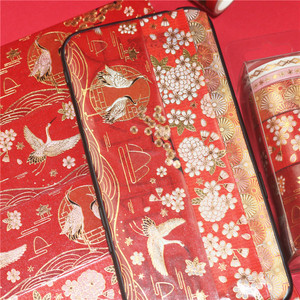 Gold Foil Crane Washi Tape 2m <b>Red</b> Gold Floral Crane Design Journal Decoration Craft Supplies - Product Image 2
