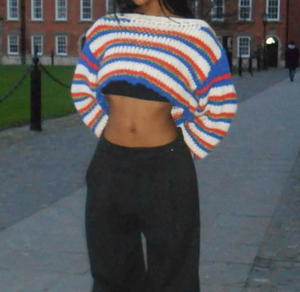 Viviblook Z1031TP suéter de Invierno para mujer calle manga larga hinchada a rayas suéter suelto suéter de punto para mujer - Product Image 1