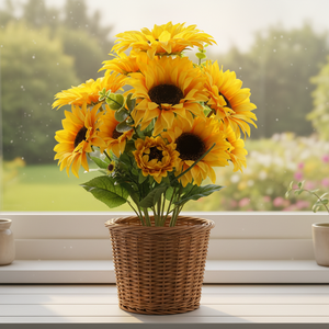 <span class=keywords><strong>Bouquet</strong></span> de tournesols artificiels faits main de style européen avec tiges en plastique - Décoration rustique pour la maison, idéal pour les mariages et les douches nuptiales - Product Image 1