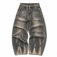 Celana Jeans Denim Abu-abu Tua dengan Model Kaki Balon yang Santai, Efek Whisker Horizontal, dan Aksen Abrasi di Bagian Bawah Kaki