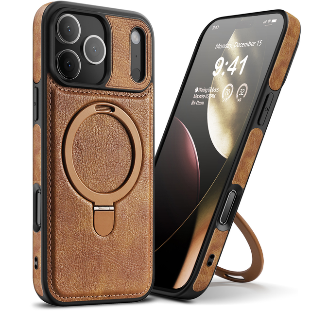 CasePeak PU Leather Magnetic Kickstand Mobile Phone Back Cover Cases for IPhone 17 16 15 Pro Case With Stand Bracket