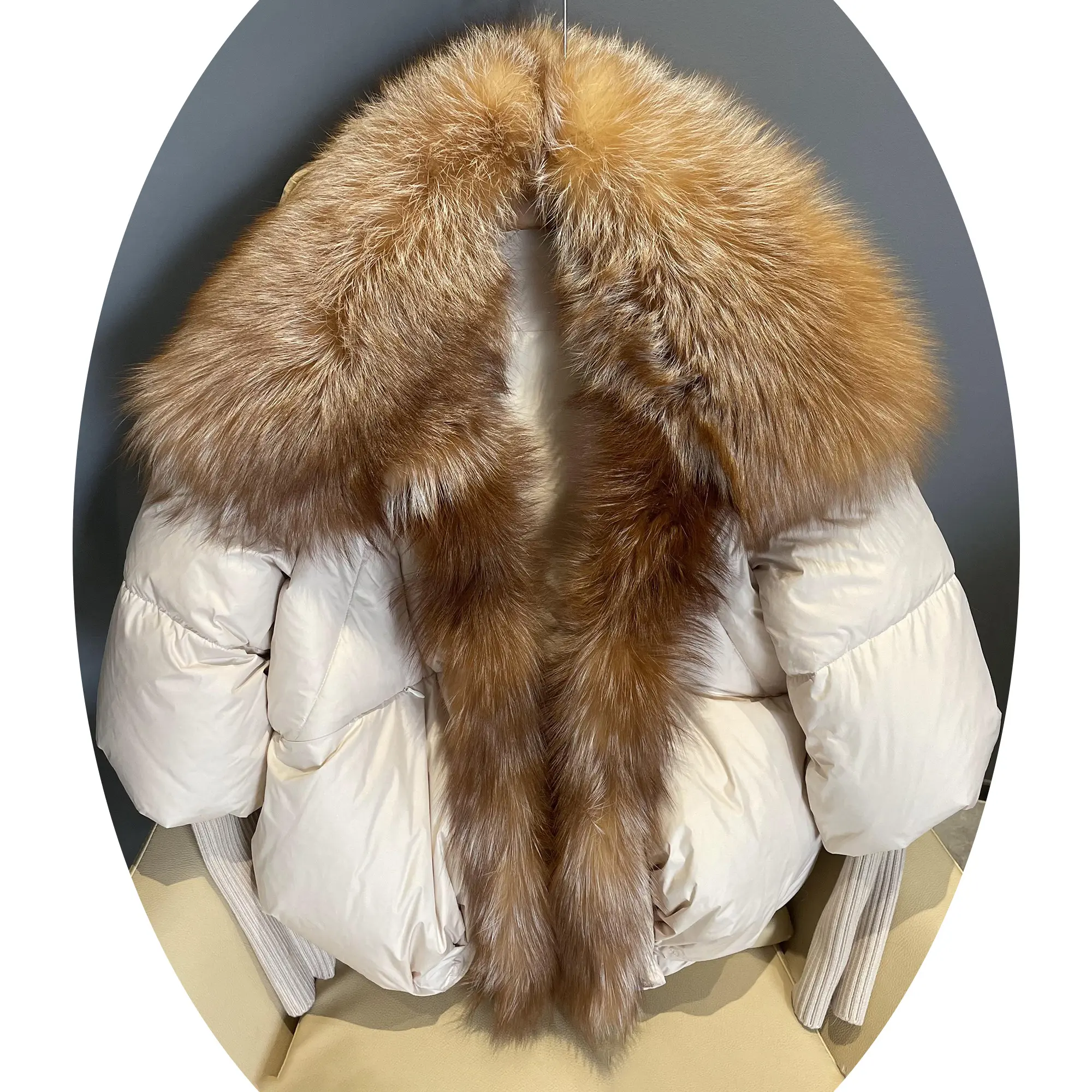 Factory price padded fur coat winter thick detachable fur collar goose down coats women bubble jacket with real fur trim