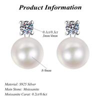 Boucles d'oreilles élégantes en moissanite ronde avec perles d'eau douce en argent sterling 925 0.1ct/0.3ct